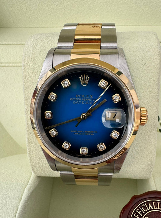 Datejust 36 Blue VIGNETTE DIAMOND DIAL Unpolished 1996 caseback sticker