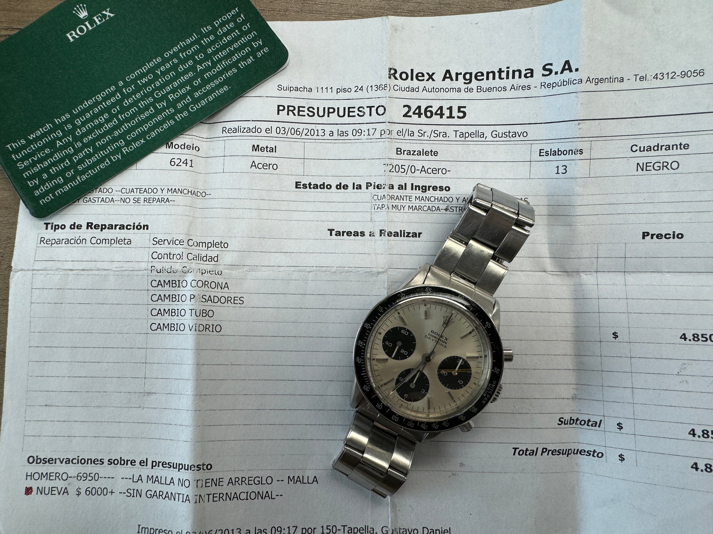 Rolex Daytona                    SERVICE WARRANTY